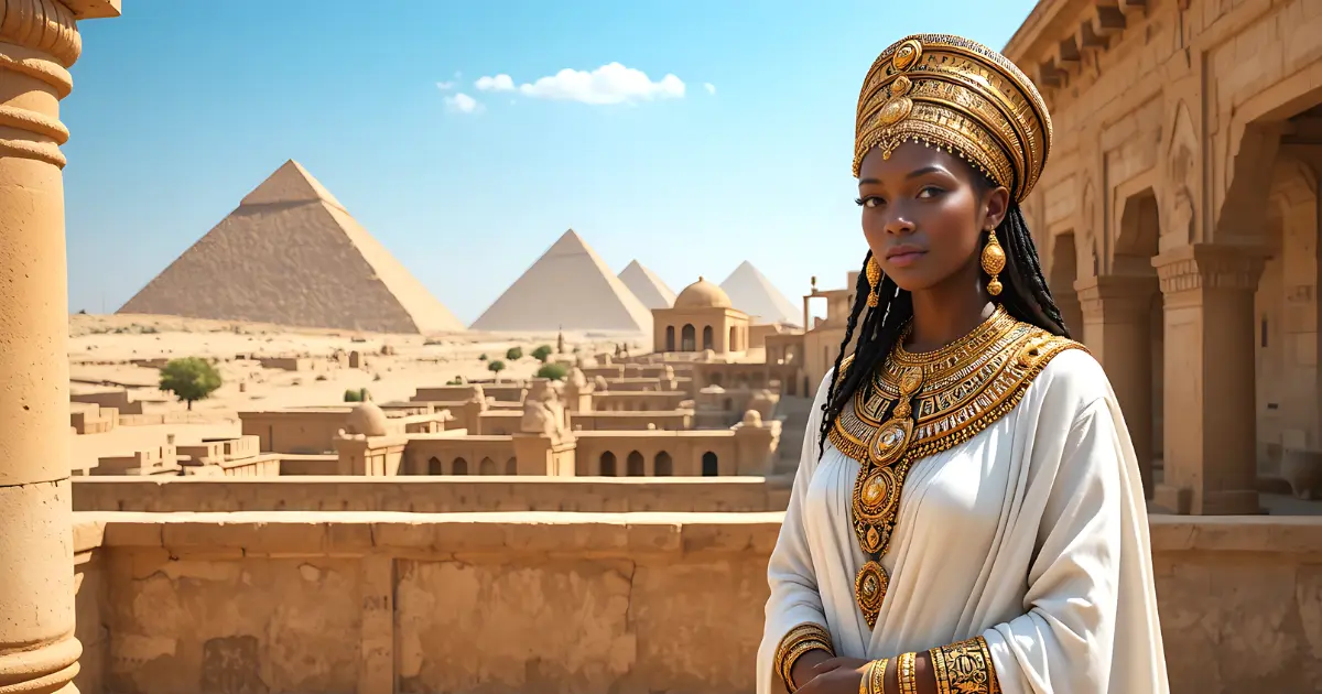 Candace in the Bible, queen of Ethiopia, standing near a royal palace in the Kingdom of Kush, with natural African scenery
