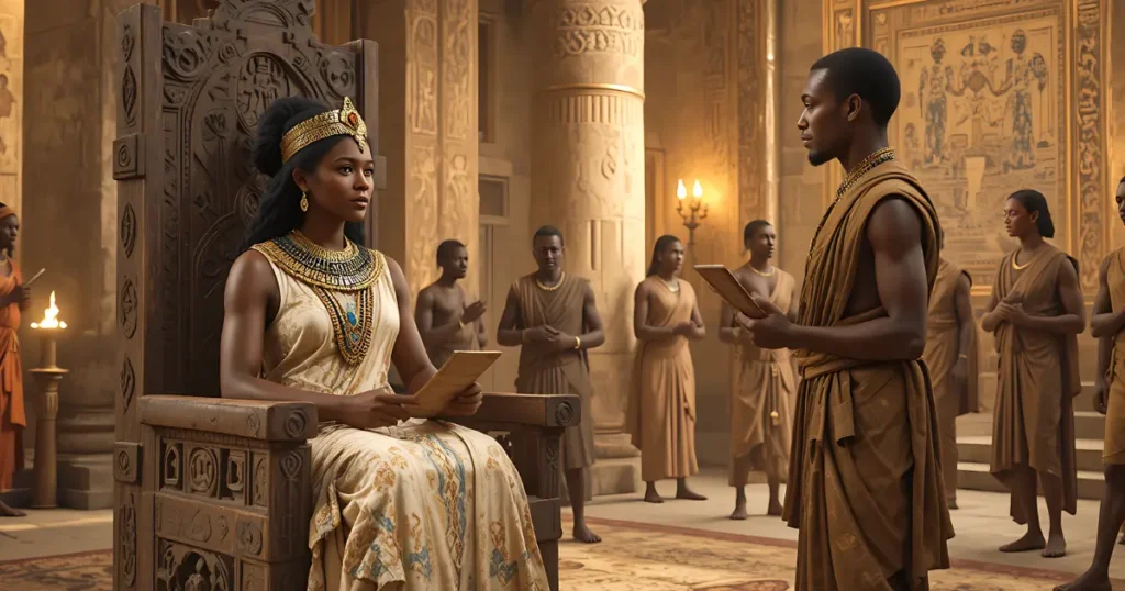 Royal court of Candace with treasury official presenting records, showing women in leadership in ancient Meroe