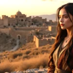 Dinah in the Bible standing on a hill overlooking the ancient city of Shechem