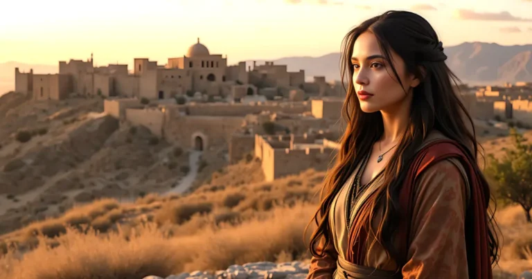 Dinah in the Bible standing on a hill overlooking the ancient city of Shechem