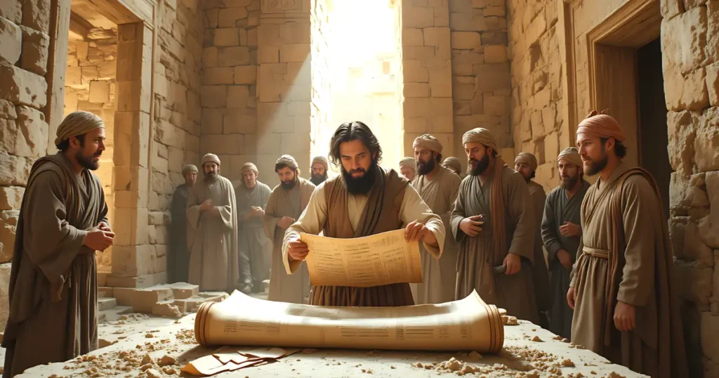 Temple workers discovering the Book of the Law during repairs in Jerusalem