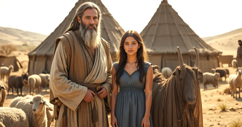 Jacob and his daughter Dinah in their ancient Hebrew encampment