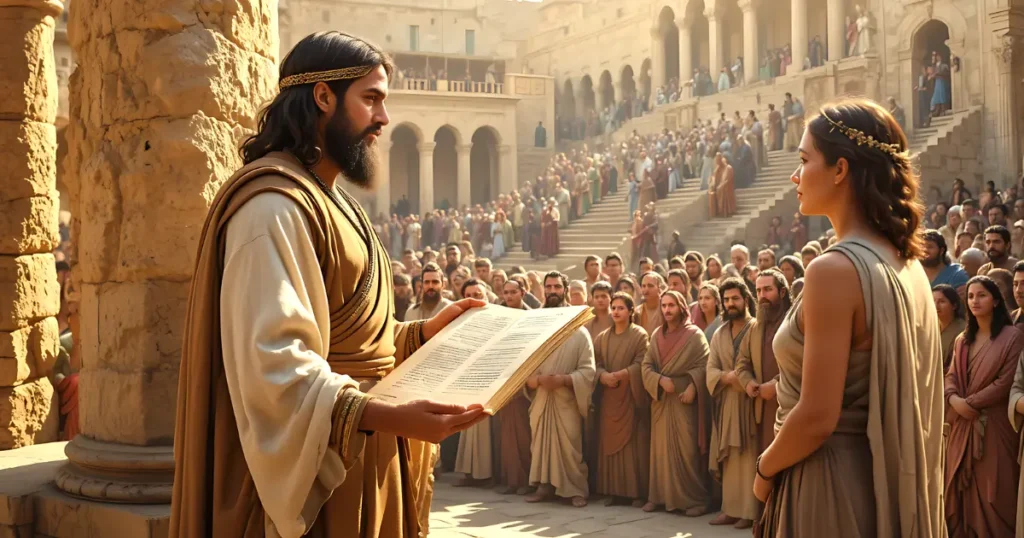 King Josiah renews the covenant before the people after Huldah’s prophecy