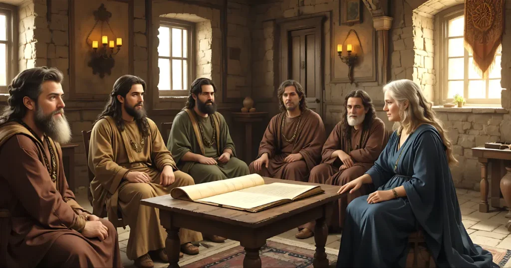 King Josiah's delegation consulting Huldah the prophetess in Jerusalem