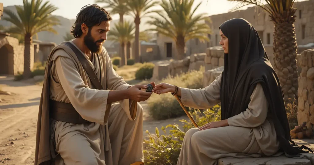 Judah gives his signet ring and staff to Tamar who is veiled sitting by the road in Genesis 38