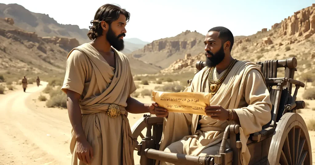 Philip the Evangelist explaining Isaiah scroll to Ethiopian eunuch in chariot on desert road to Gaza