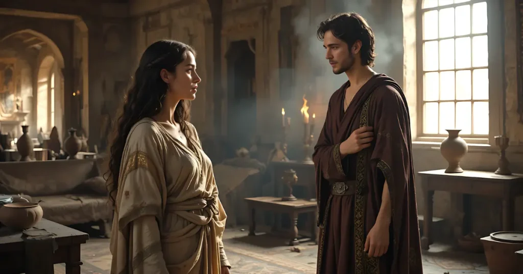 Tamar speaking to Amnon in 2 Samuel 13, pleading for justice in a palace room in ancient Israel, showing Tamar's wisdom and courage