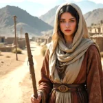 Tamar in the Bible stands at a dusty crossroads wearing ancient Canaanite clothing with a veil