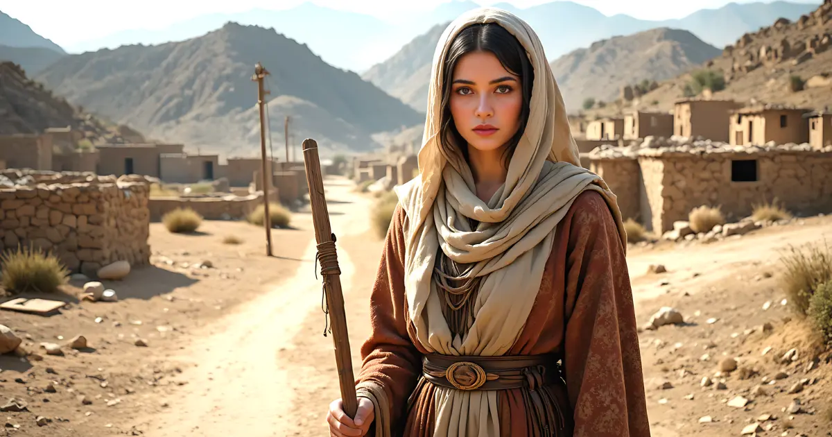 Tamar in the Bible stands at a dusty crossroads wearing ancient Canaanite clothing with a veil