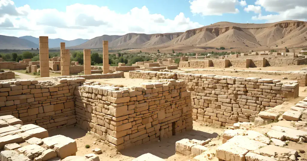 Excavated stone walls and ancient foundation ruins of the biblical city-state of Shechem under a bright sky with the rugged hillsides of Canaan in the background