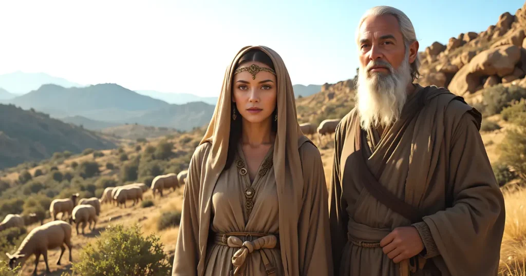 Elderly Abraham marrying Keturah in a simple ancient desert ceremony
