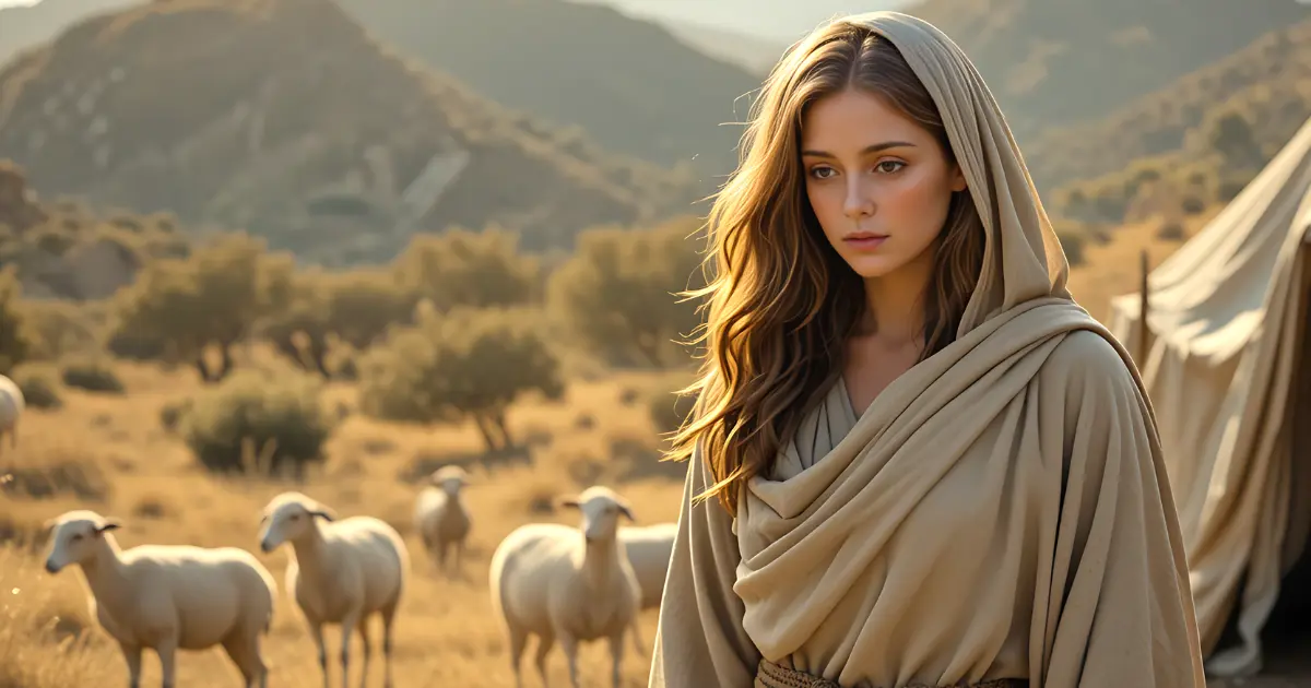 Basemath in the Bible, one of Esau's wives, standing near her family tent in ancient Canaan