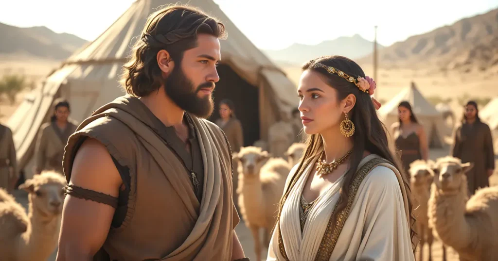 Esau and Basemath after their marriage in Genesis in the land of Canaan