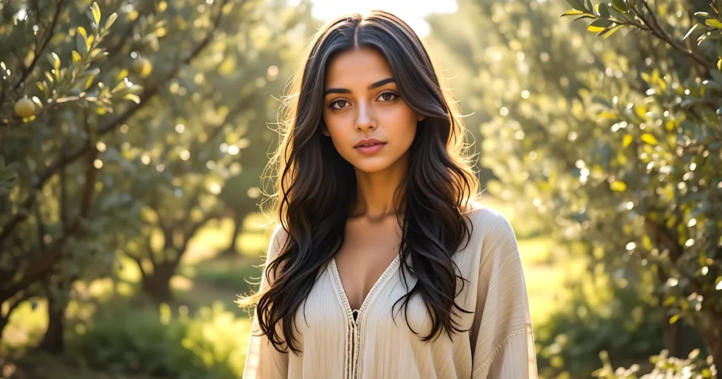 Eve standing in a lush natural garden surrounded by trees and soft morning sunlight.