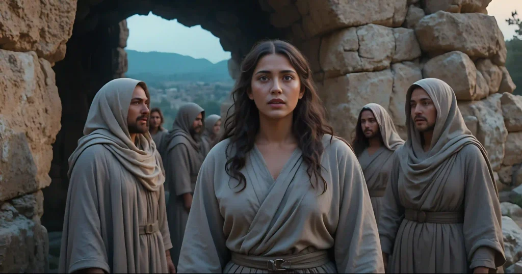 Joanna and other women at the empty tomb on resurrection morning, looking shocked and hopeful in the early dawn light