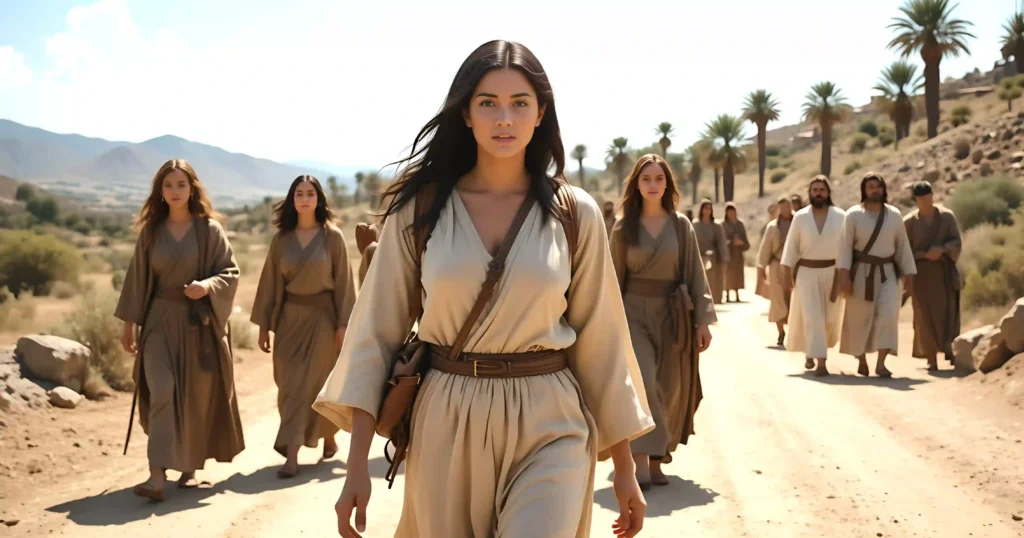 Joanna traveling with Jesus and the disciples as a faithful female supporter in Galilee