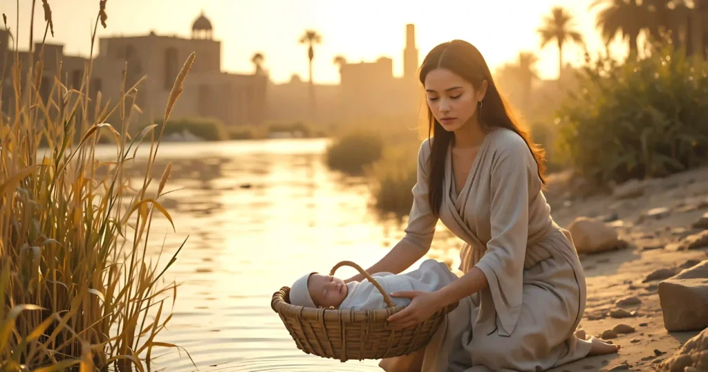 Jochebed in the Bible holding baby Moses beside the Nile River in ancient Egypt