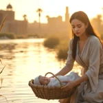 Jochebed in the Bible holding baby Moses beside the Nile River in ancient Egypt