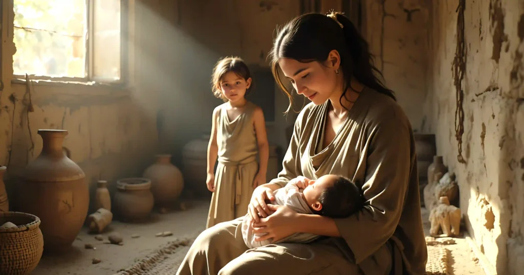 Jochebed nursing her son Moses after Pharaoh's daughter returned him to her care