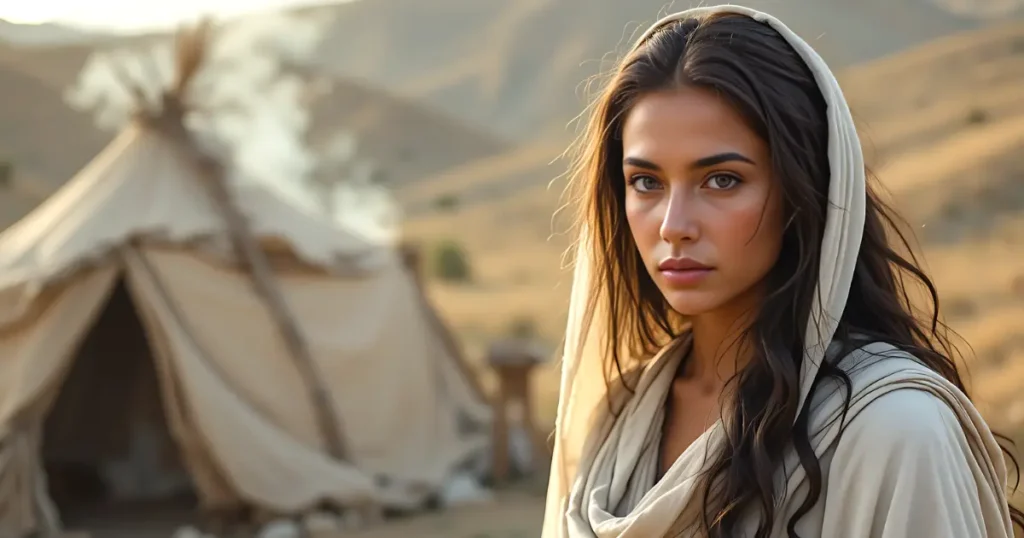 Keturah in the Bible as Abraham wife after Sarah standing near tent in Canaan