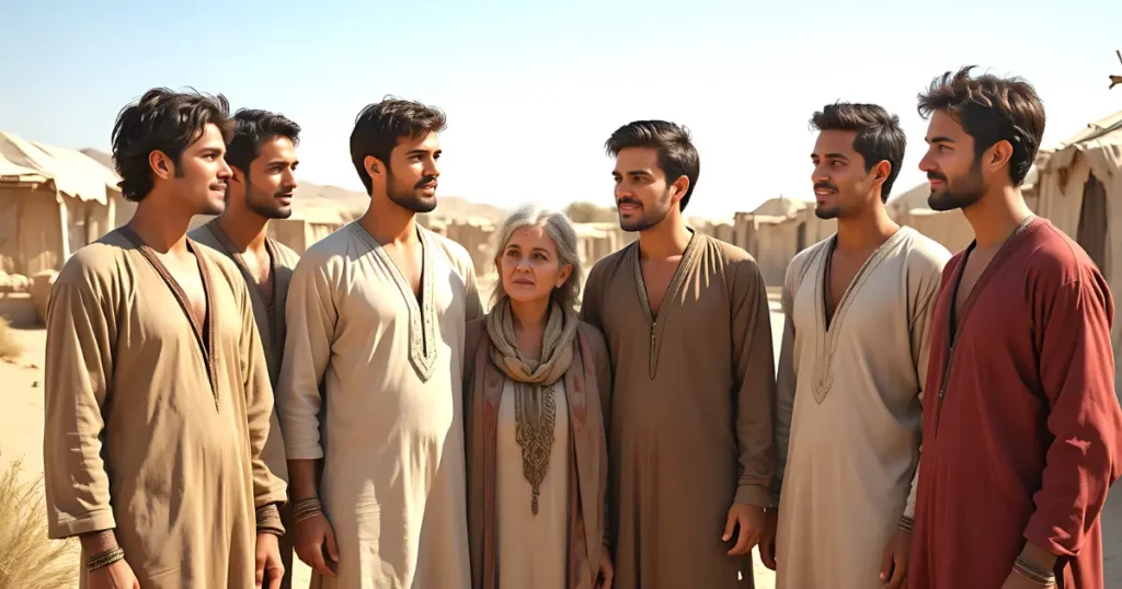 Six sons of Keturah standing together in a desert settlement near ancient tents