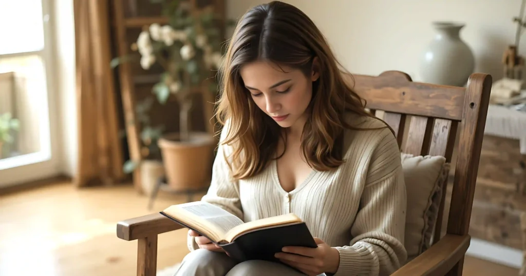 A young woman sitting quietly in a warm living room with her eyes closed in deep prayer and an open Bible resting on her lap.