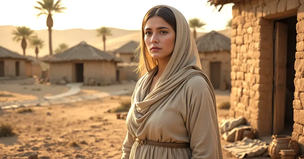 Puah standing outside her home as a faithful midwife in ancient Egypt
