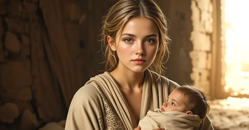 Puah in the bible, the Hebrew midwife holding a newborn in ancient Egypt
