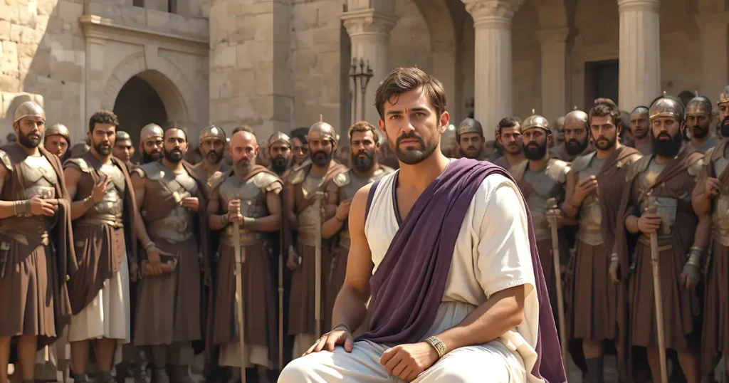 Pontius Pilate sitting on the judgment seat during Jesus' trial in Jerusalem